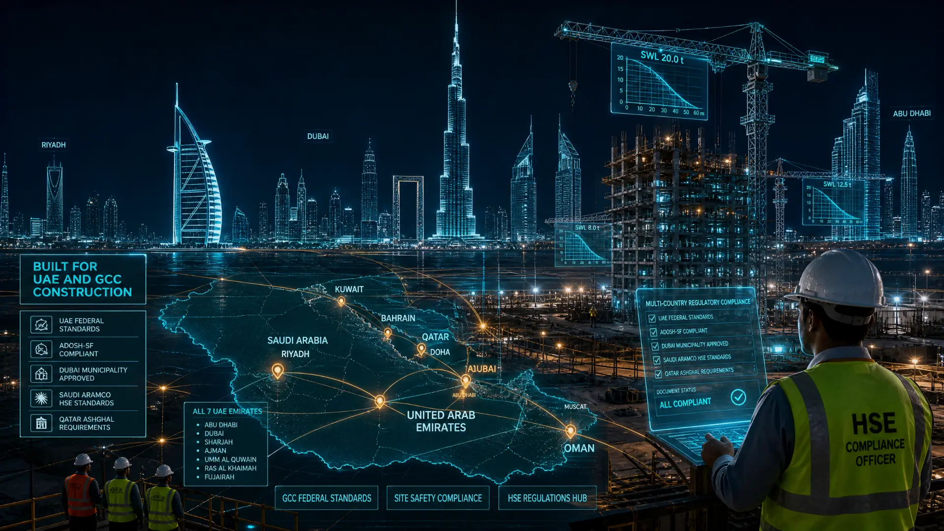 Built for UAE and GCC construction — multi-country regulatory compliance across UAE federal standards, ADOSH-SF, Dubai Municipality, Saudi Aramco HSE and Qatar Ashghal requirements
