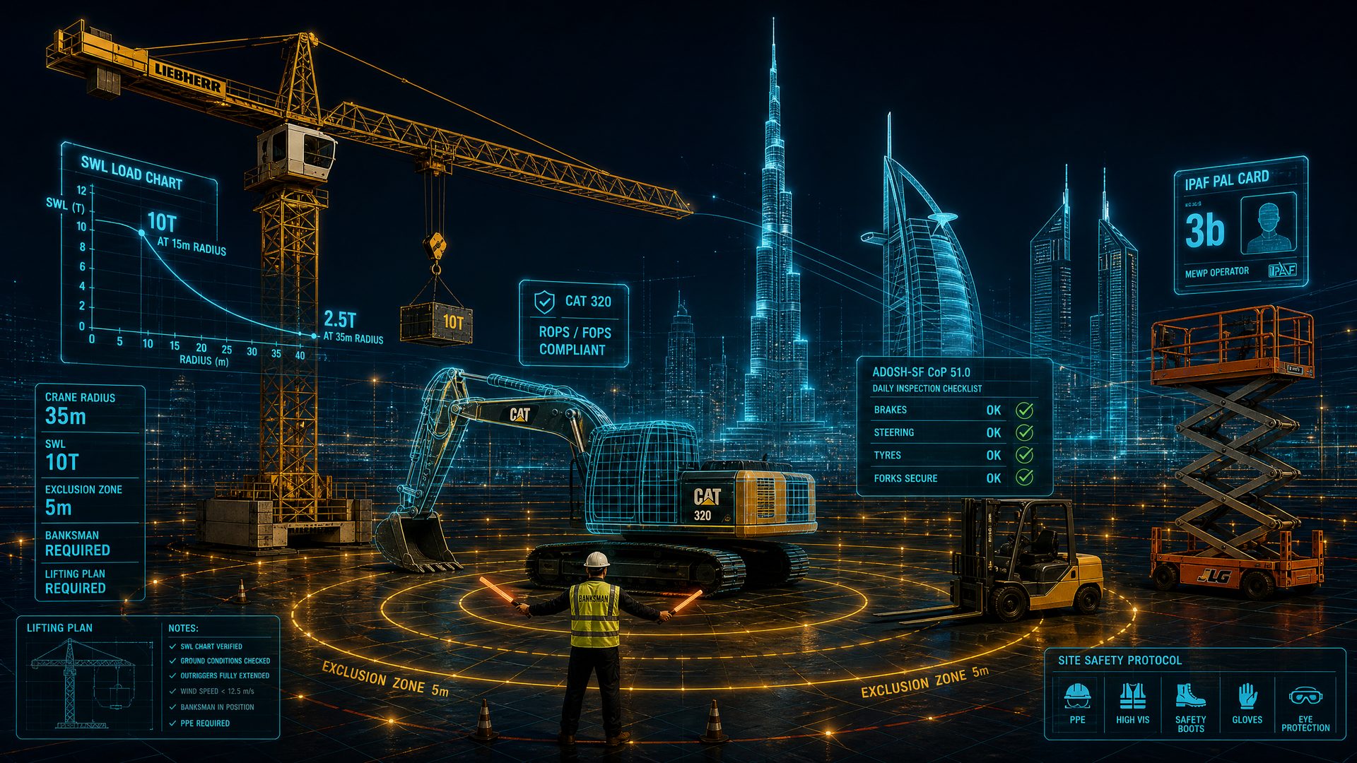 UAE construction site at night with a tower crane lift radius overlay, excavator, MEWP, forklift and dump truck alongside operator competency, ROPS/FOPS and exclusion zone compliance callouts